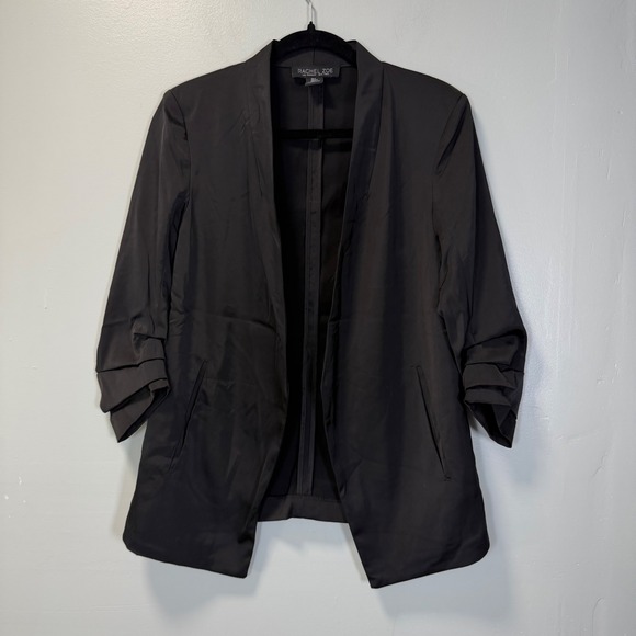 Rachel Zoe Jackets & Blazers - Rachel Zoe Black Satin Ruched 3/4 Sleeve Open Front Blazer Small Office Casual